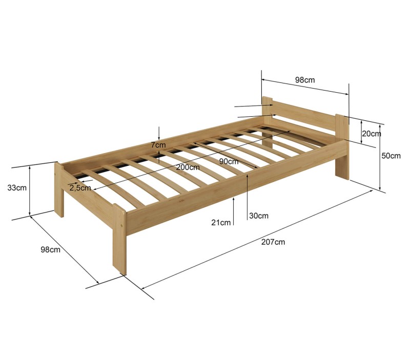 Postel z masivu 90x200 Jasněna olše s roštem