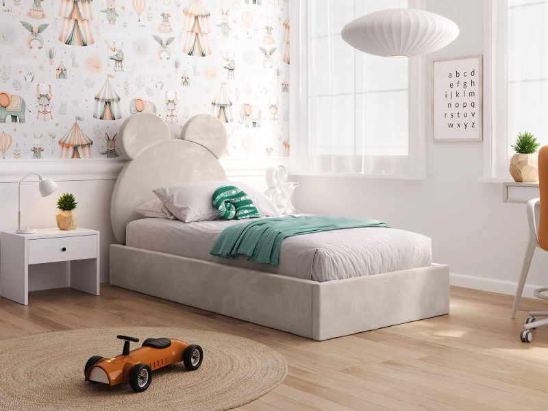 Čalouněná dětská postel 90x200 s roštem, béžová Velvet Kids Line 1 Medvěd