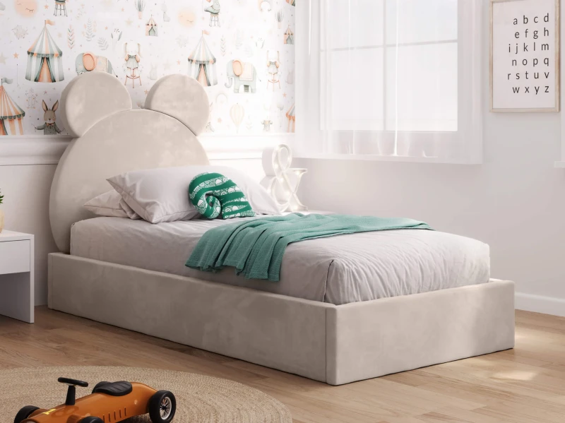 Čalouněná dětská postel 90x200 s roštem, béžová Velvet Kids Line 1 Medvěd
