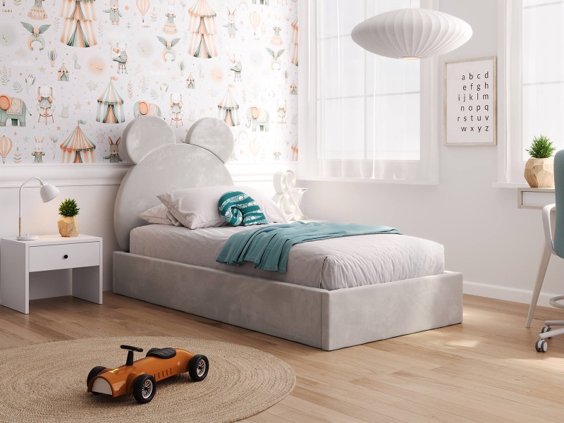 Čalouněná dětská postel 90x200 s roštem a úložným prostorem, šedá Velvet Kids Line 1 Medvěd