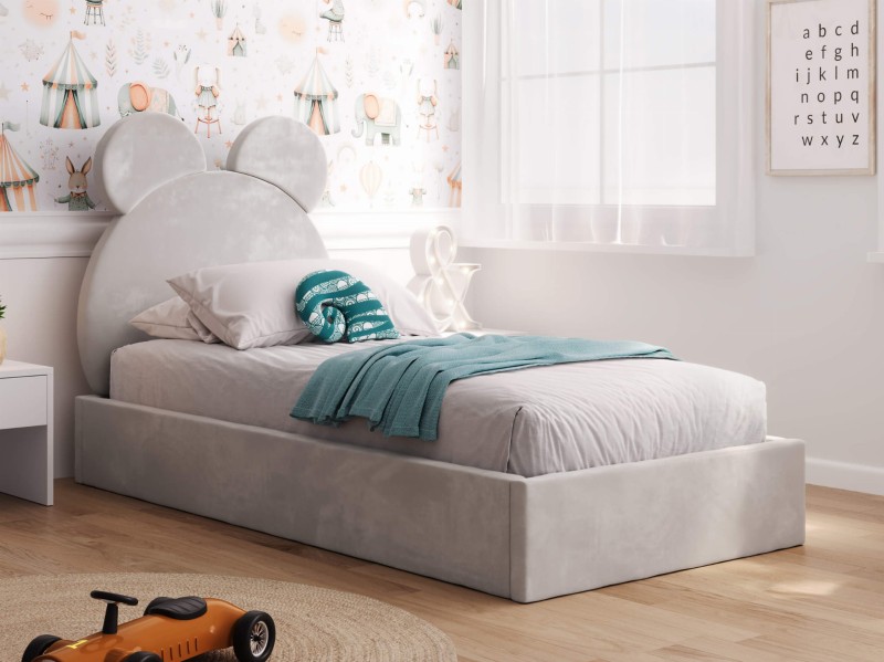 Čalouněná dětská postel 90x200 s roštem a úložným prostorem, šedá Velvet Kids Line 1 Medvěd
