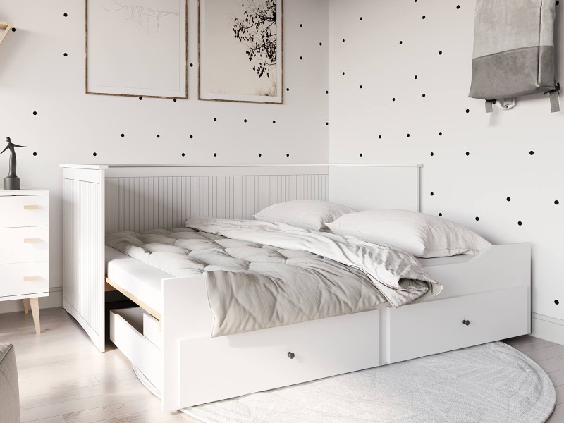 Rozkládací postel 80x200 bílá se 2 zásuvkami, gauč Helmes