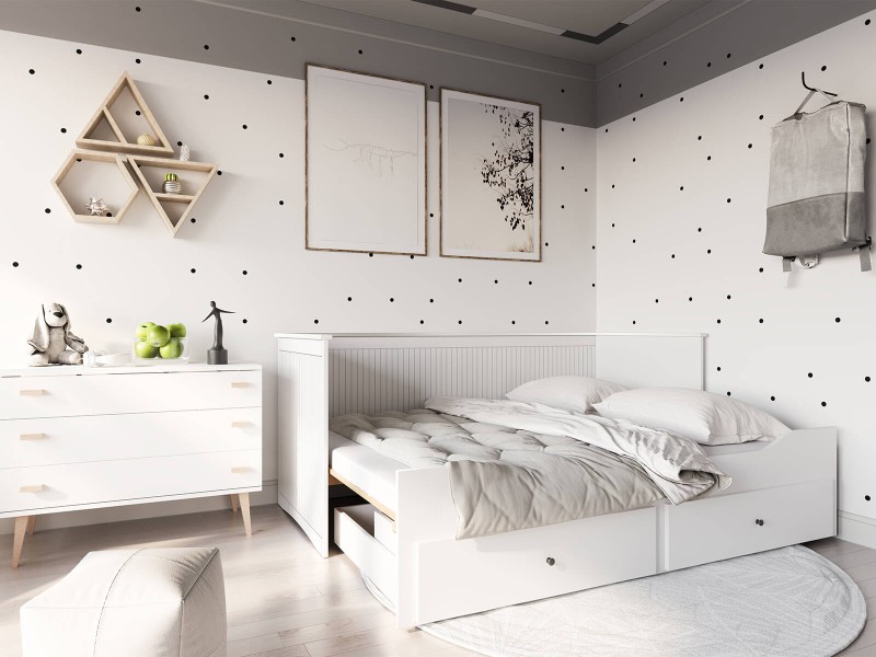 Rozkládací postel 80x200 bílá se 2 zásuvkami, gauč Helmes