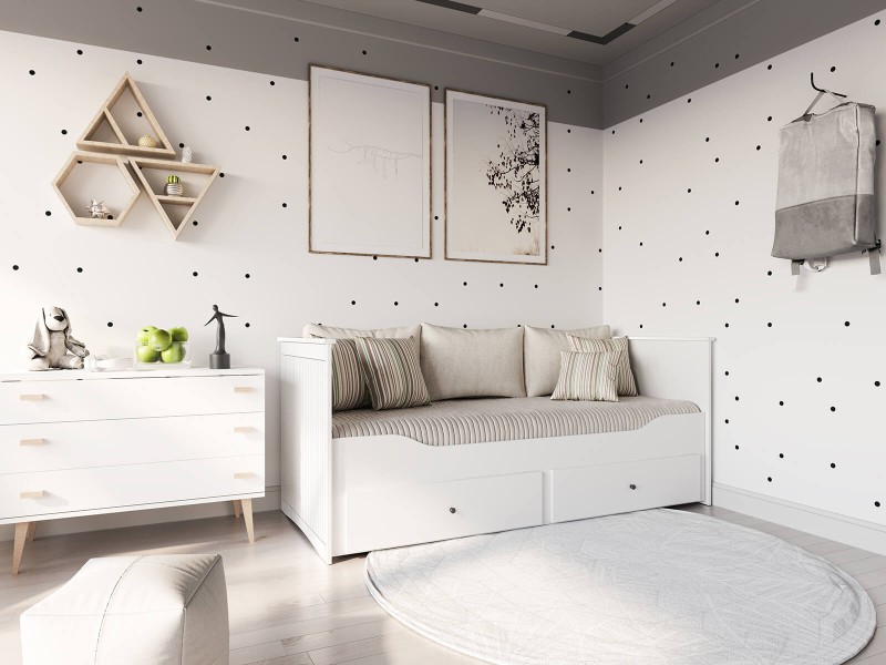 Rozkládací postel 80x200 bílá se 2 zásuvkami, gauč Helmes