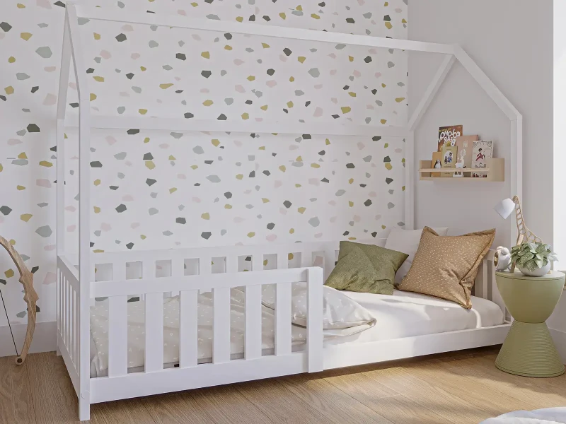 Dětská postel Domeček 80x160 se zábradlím a roštem, bílá D7