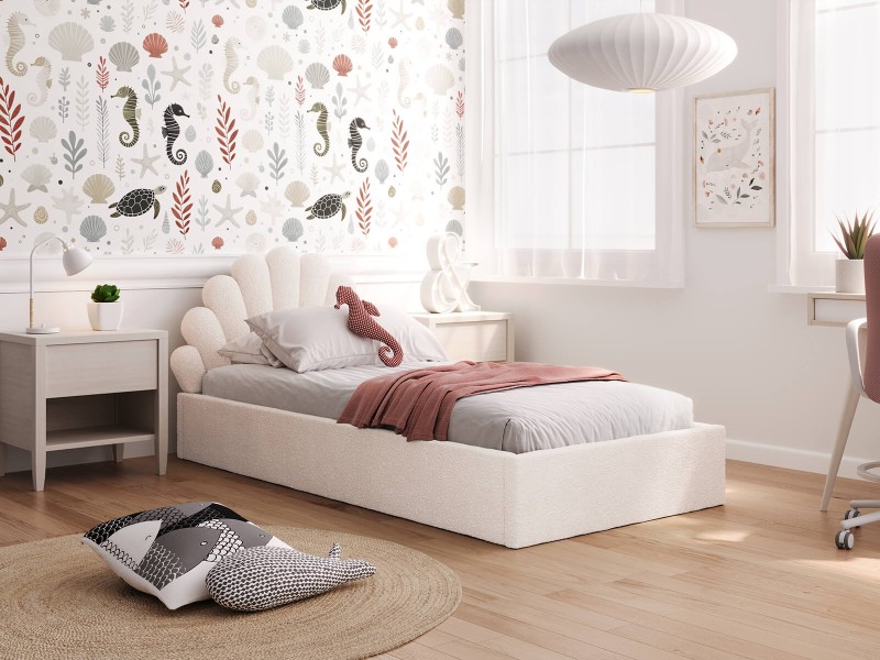 Čalouněná dětská postel 90x200 s roštem,  Krémová Boucle Kids Line 3 Mušle