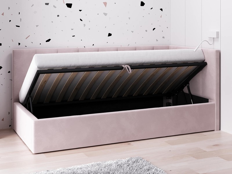 Čalouněná jednolůžková pohovka s roštem a úložným prostorem 90x200, Tom Růžový Velvet