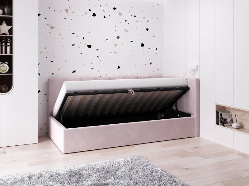 Čalouněná jednolůžková pohovka s roštem a úložným prostorem 90x200, Tom Růžový Velvet