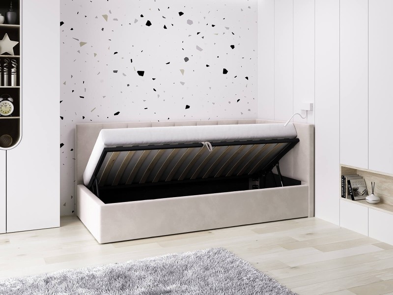 Čalouněná jednolůžková pohovka s roštem a úložným prostorem 90x200, Tom Béžový Velvet