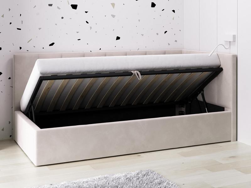 Čalouněná jednolůžková pohovka s roštem a úložným prostorem 90x200, Tom Béžový Velvet