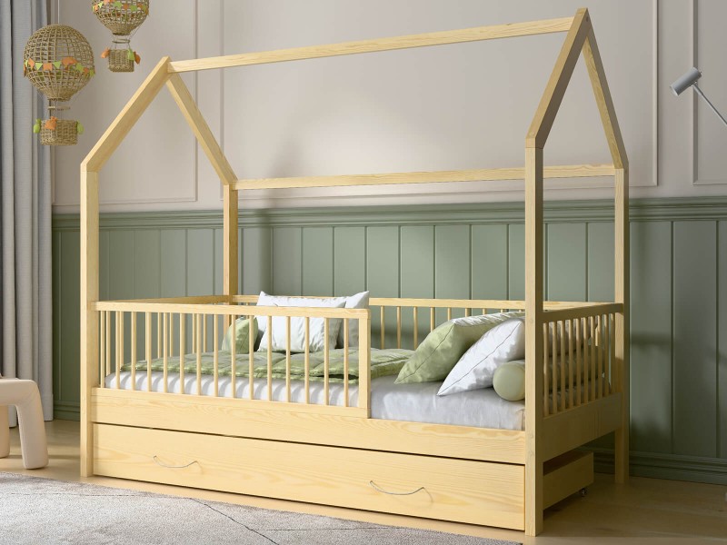 Dětská postel Domeček 80x160 se šuplíkem a roštem, borovice D9S