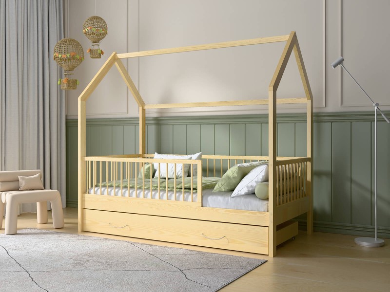 Dětská postel Domeček 80x160 se šuplíkem a roštem, borovice D9S