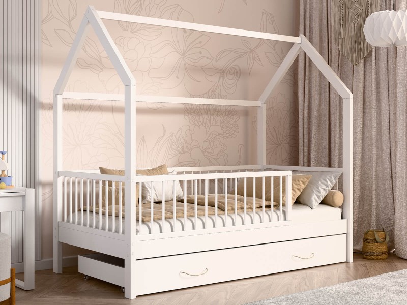 Dětská postel Domeček 80x160 se šuplíkem a roštem, bílá D9S