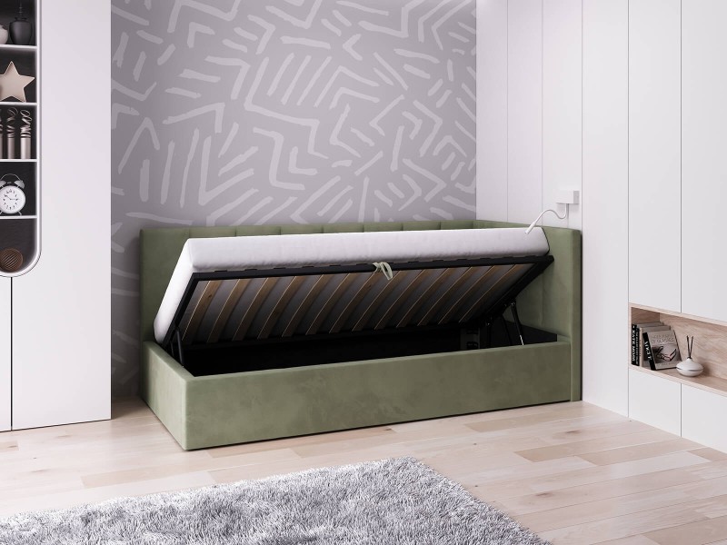 Čalouněná jednolůžková pohovka s roštem a úložným prostorem 90x200, Tom Olivový Velvet