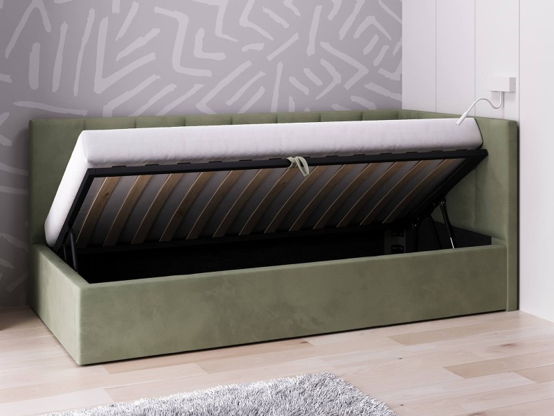 Čalouněná jednolůžková pohovka s roštem a úložným prostorem 90x200, Tom Olivový Velvet