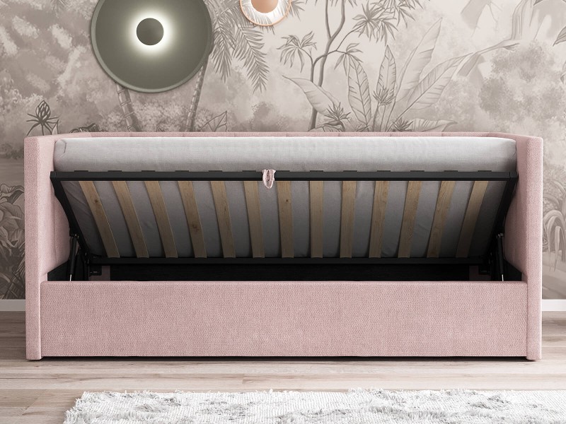 Čalouněná jednolůžková pohovka s roštem a úložným prostorem 90x200, Urus Růžový Soro 61