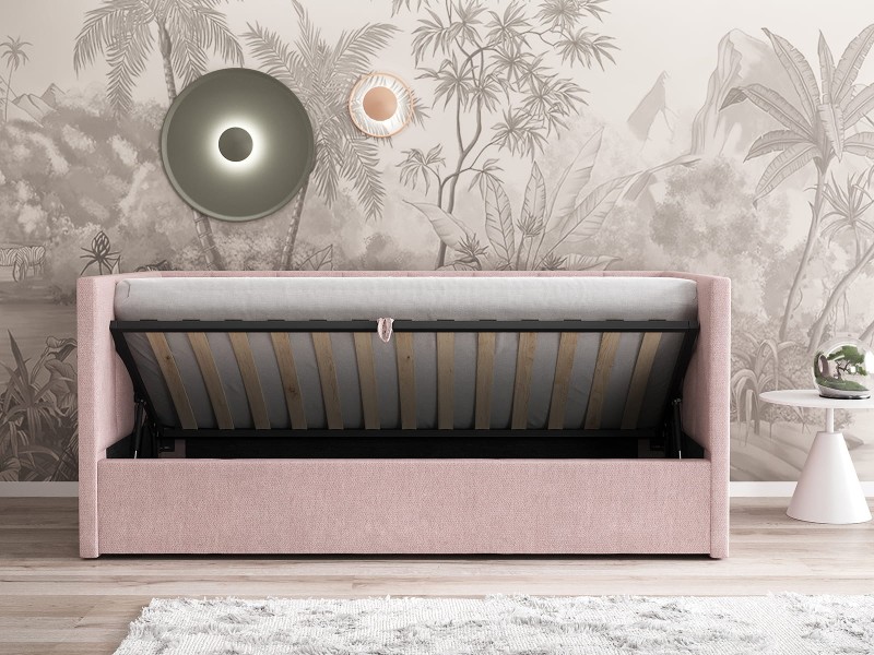 Čalouněná jednolůžková pohovka s roštem a úložným prostorem 90x200, Urus Růžový Soro 61