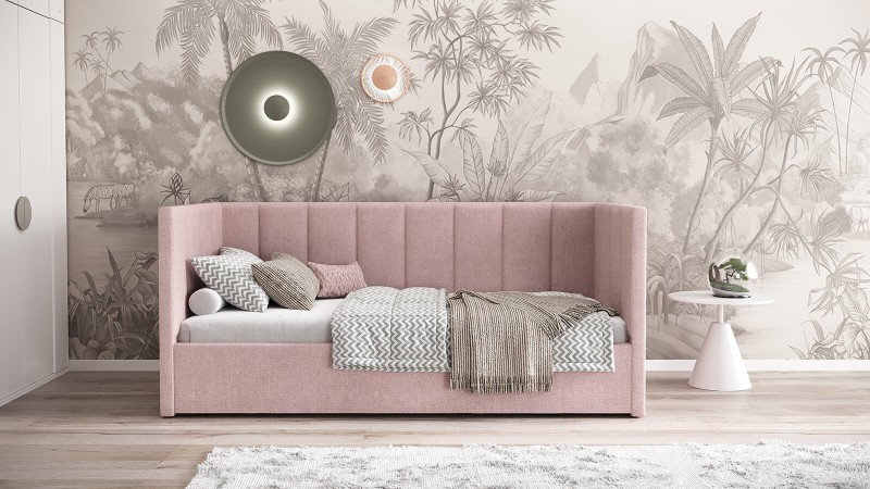 Čalouněná jednolůžková pohovka s roštem a úložným prostorem 90x200, Urus Růžový Soro 61