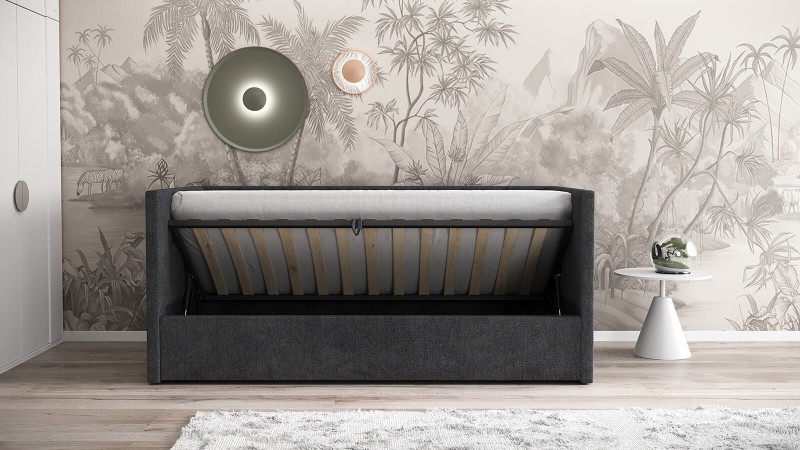 Čalouněná jednolůžková pohovka s roštem a úložným prostorem 90x200, Urus Černá Soro 100