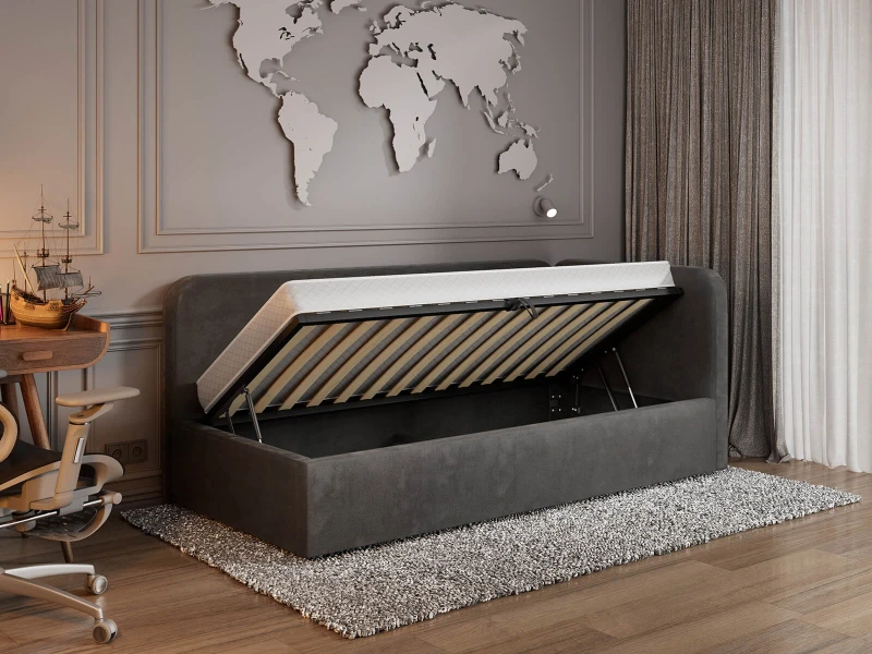 Čalouněná jednolůžková pohovka s roštem a úložným prostorem 90x200, Leo Bluvel 18 Grafitový