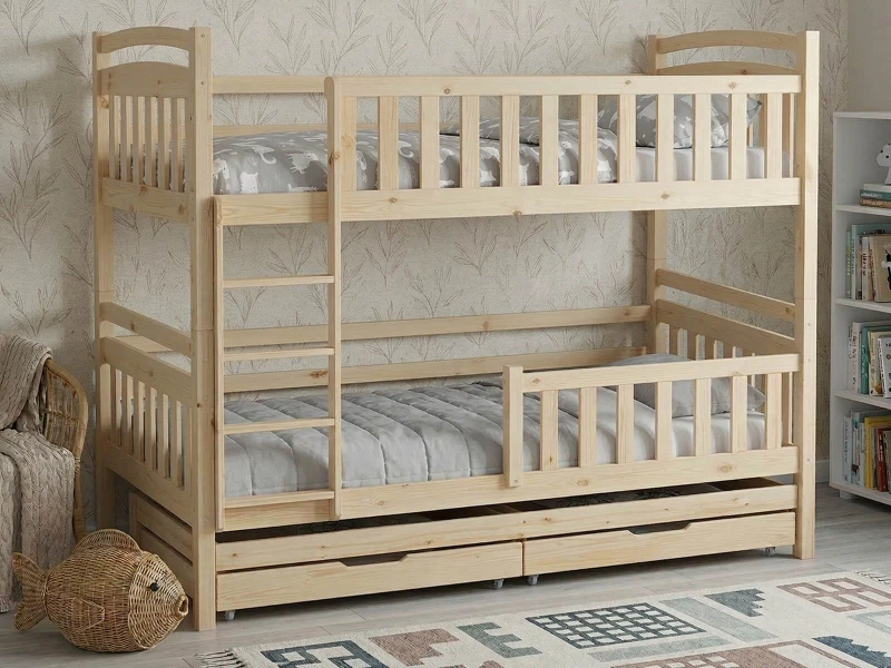Dřevěná patrová postel pro 3 osoby se zásuvkami P3S 90x200 borovice