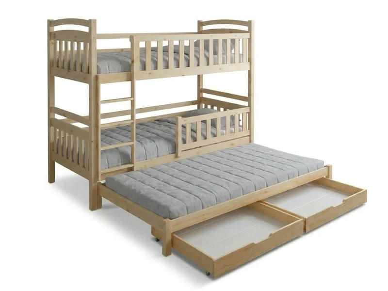 Dřevěná patrová postel pro 3 osoby se zásuvkami P3S 90x200 borovice
