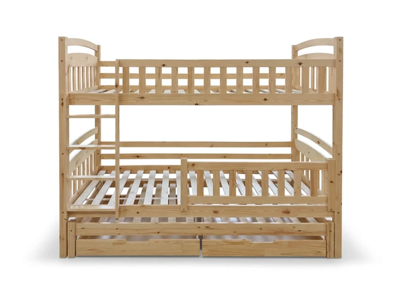 Dřevěná patrová postel pro 3 osoby se zásuvkami P3S 90x200 borovice