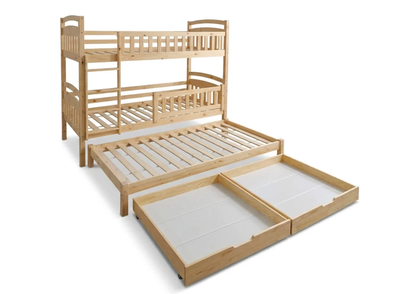 Dřevěná patrová postel pro 3 osoby se zásuvkami P3S 90x200 borovice