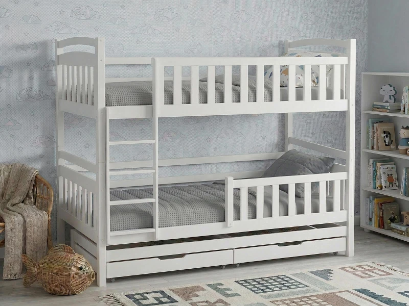 Dřevěná patrová postel pro 3 osoby se zásuvkami P3S 90x200 bílá