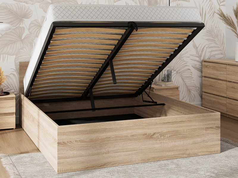 Postel DM1 160x200 s roštem a úložným prostorem, dub sonoma