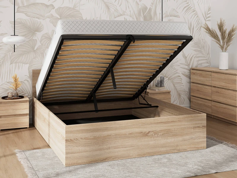 Postel DM1 140x200 s roštem a úložným prostorem, dub sonoma