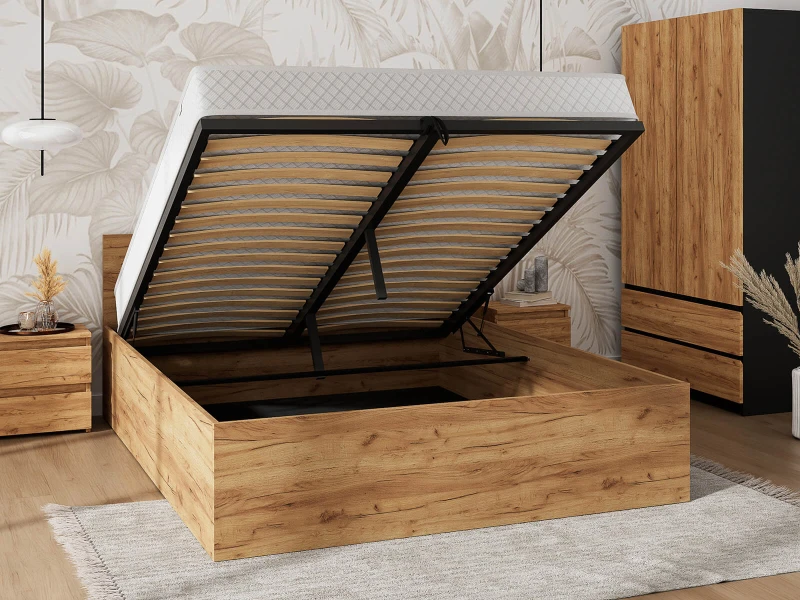 Postel DM1 160x200 s roštem a úložným prostorem, dub craft