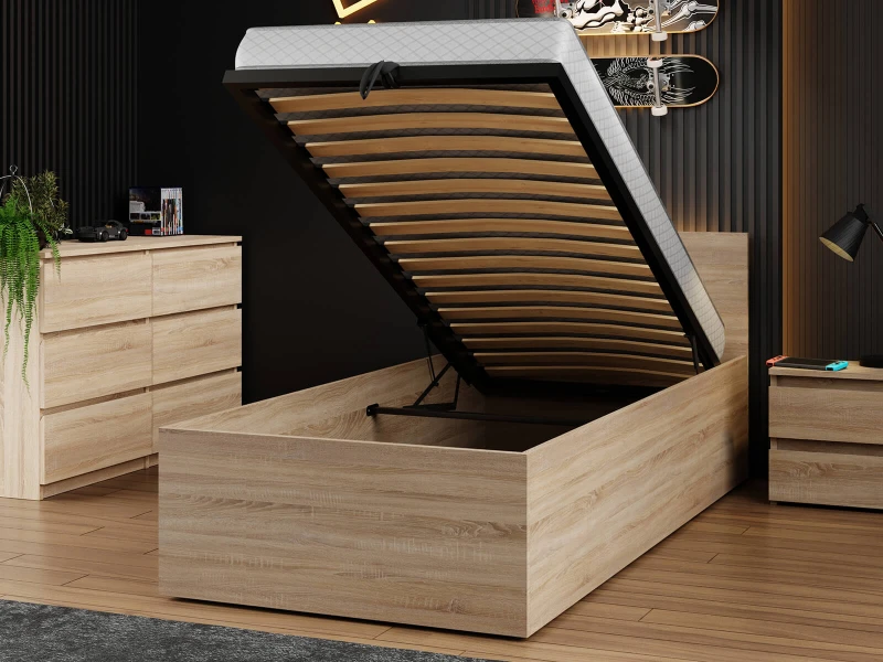 Postel DM1 90x200 s roštem a úložným prostorem, dub sonoma