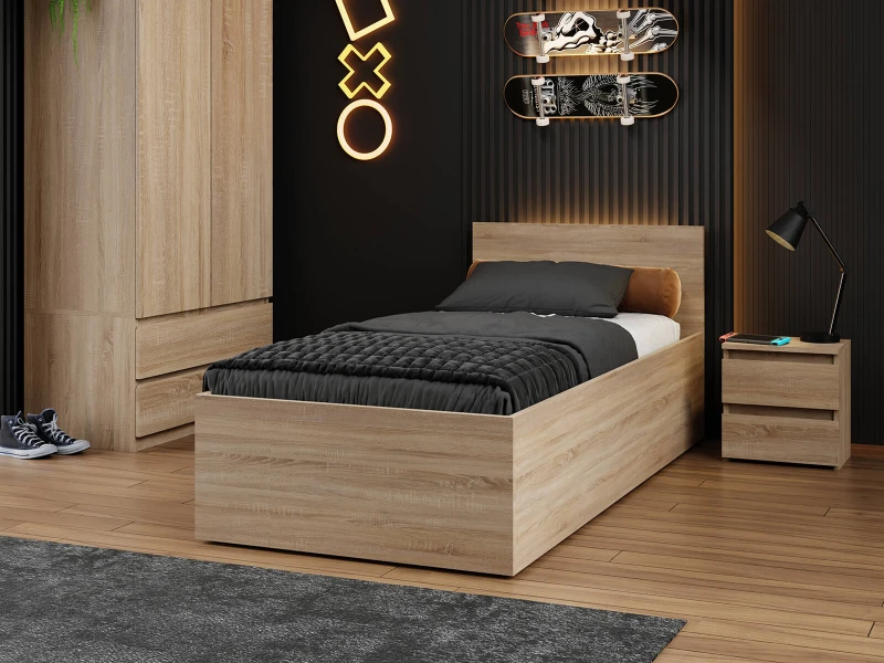 Postel DM1 90x200 s roštem a úložným prostorem, dub sonoma