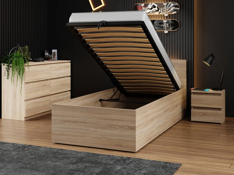 Postel DM1 90x200 s roštem a úložným prostorem, dub sonoma