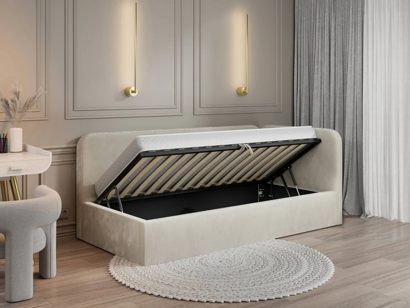 Čalouněná jednolůžková pohovka s roštem a úložným prostorem 90x200, Leo Bluvel 22 Béžový