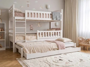 Dřevěná patrová postel pro 3 osoby se zásuvkami P3S 90x200 bílá