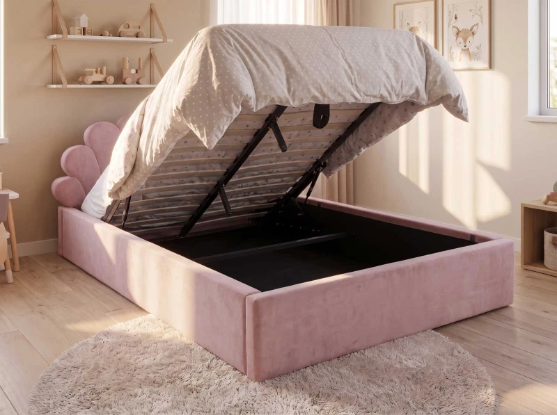 Čalouněná dětská postel 120x200 s roštem a úložným prostorem, růžový Velvet Kids Line 3 Mušle