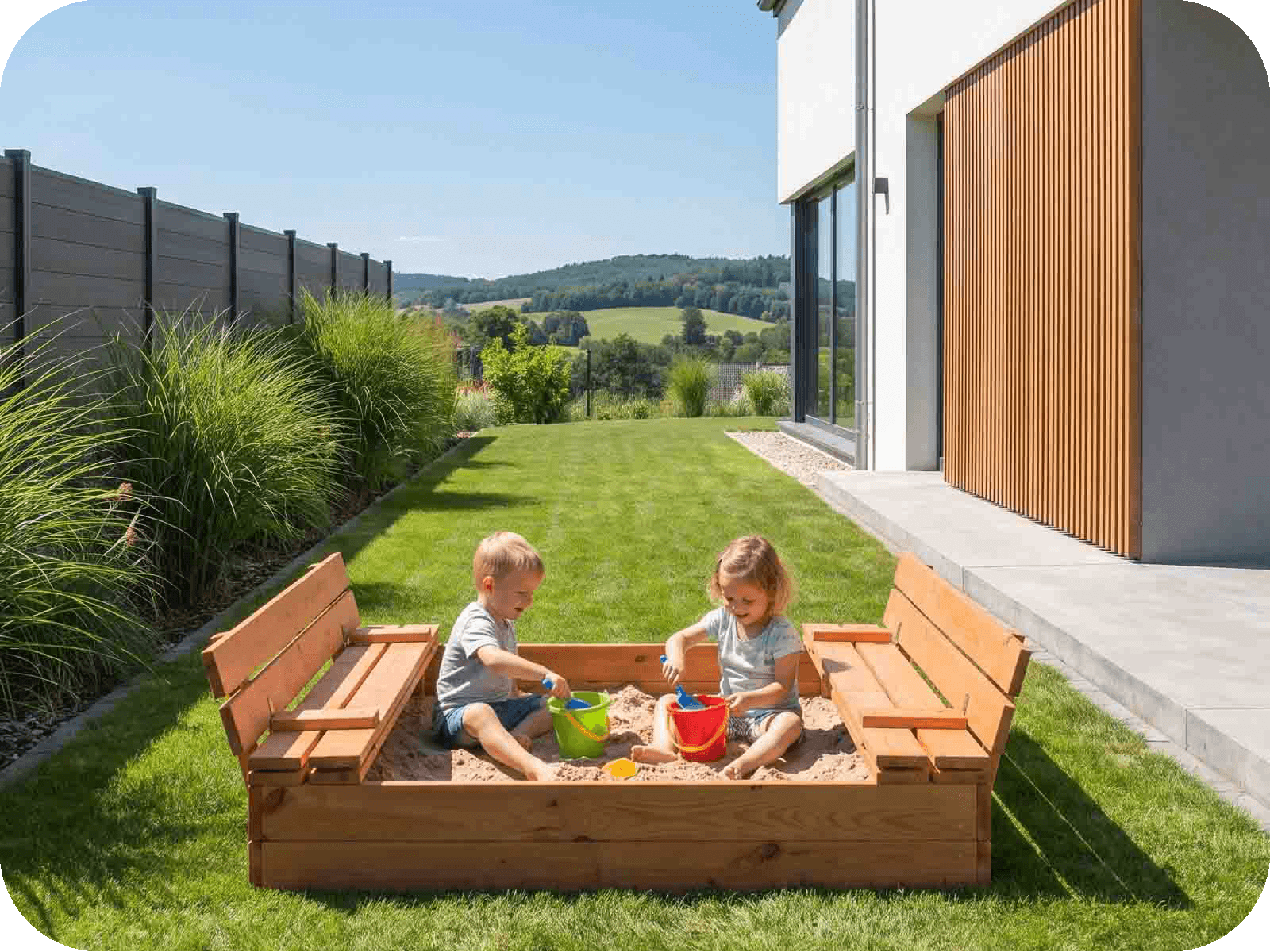 Dřevěné uzavíratelné pískoviště s lavičkami na zahradě