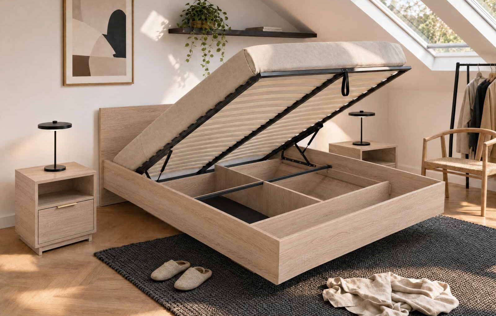 Levitující postel DM2 s vyklápěcím roštem a úložným prostorem